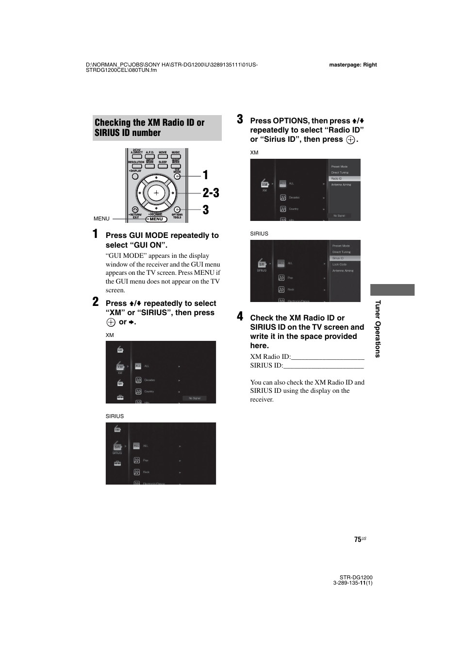 Checking the xm radio id or sirius id number, Press gui mode repeatedly to select “gui on | Sony R-DG1200 User Manual | Page 75 / 136