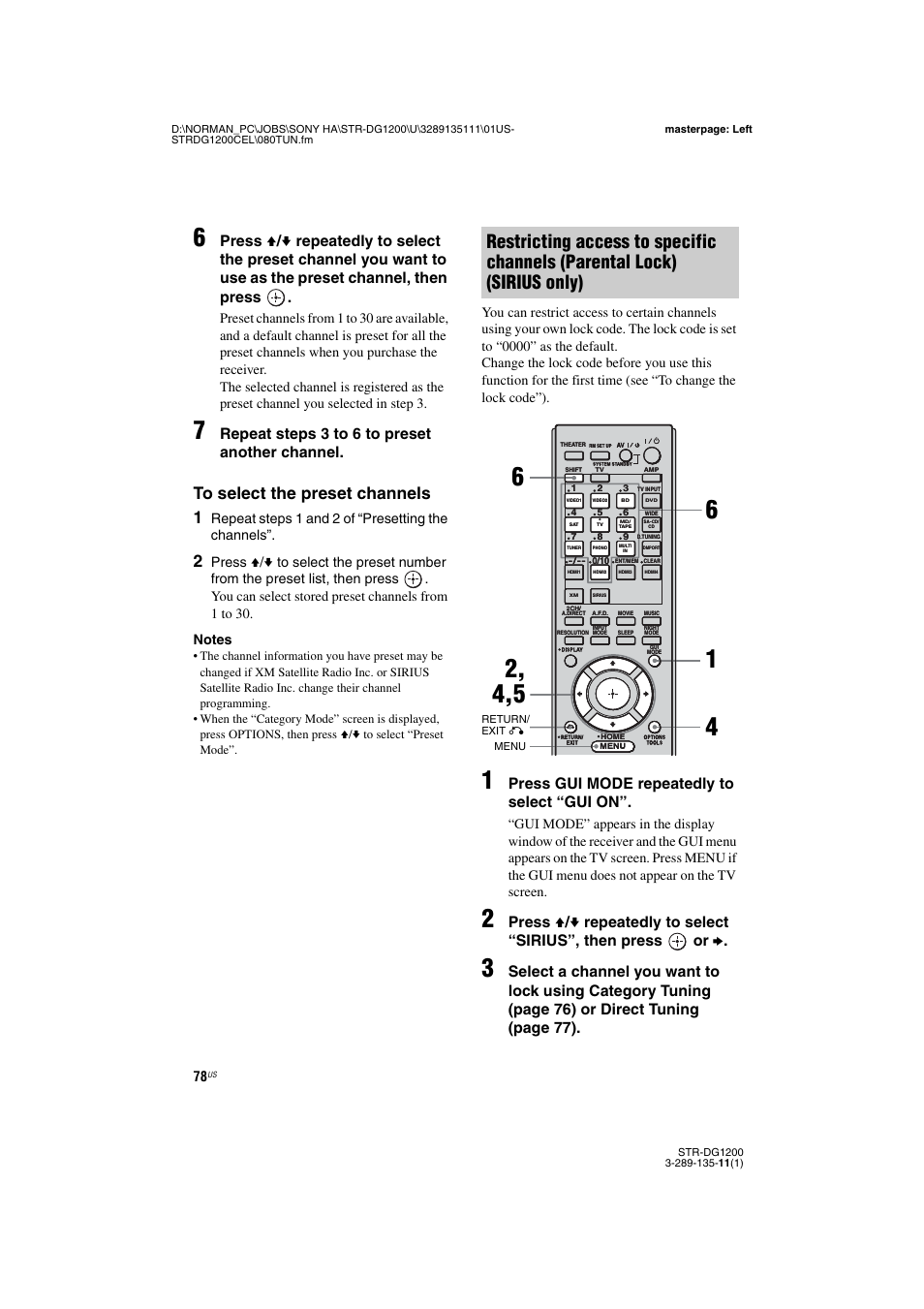 Repeat steps 3 to 6 to preset another channel, Press gui mode repeatedly to select “gui on, Repeat steps 1 and 2 of “presetting the channels | Sony R-DG1200 User Manual | Page 78 / 136