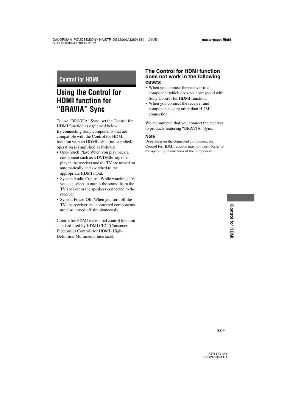 Control for hdmi, Using the control for hdmi function for, Bravia” sync | Sony R-DG1200 User Manual | Page 83 / 136