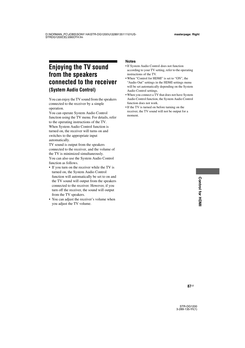 Enjoying the tv sound from the speakers, Connected to the receiver (system audio control), System audio control) | Sony R-DG1200 User Manual | Page 87 / 136