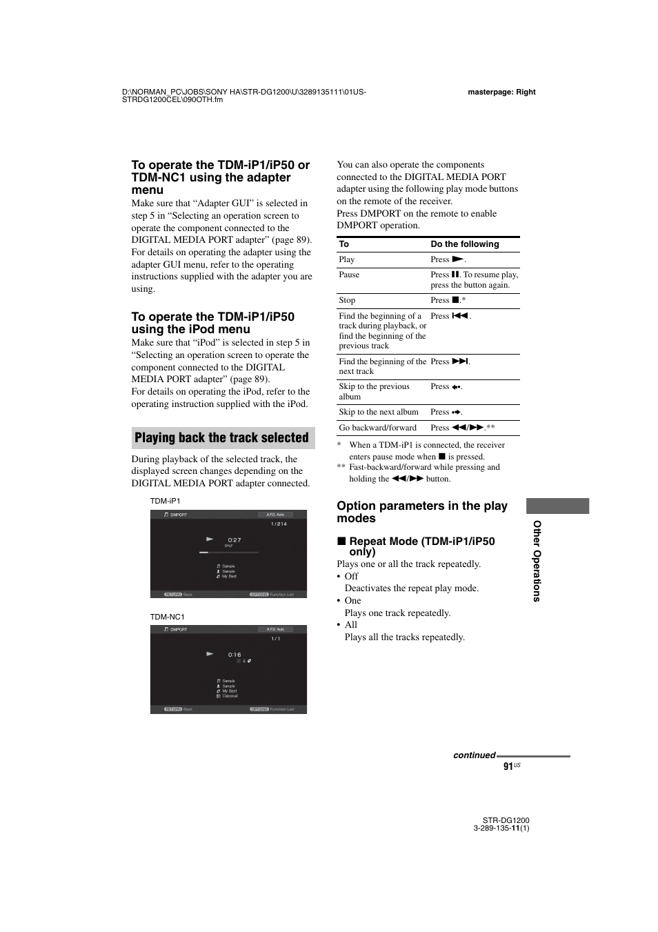 Playing back the track selected, Option parameters in the play modes | Sony R-DG1200 User Manual | Page 91 / 136