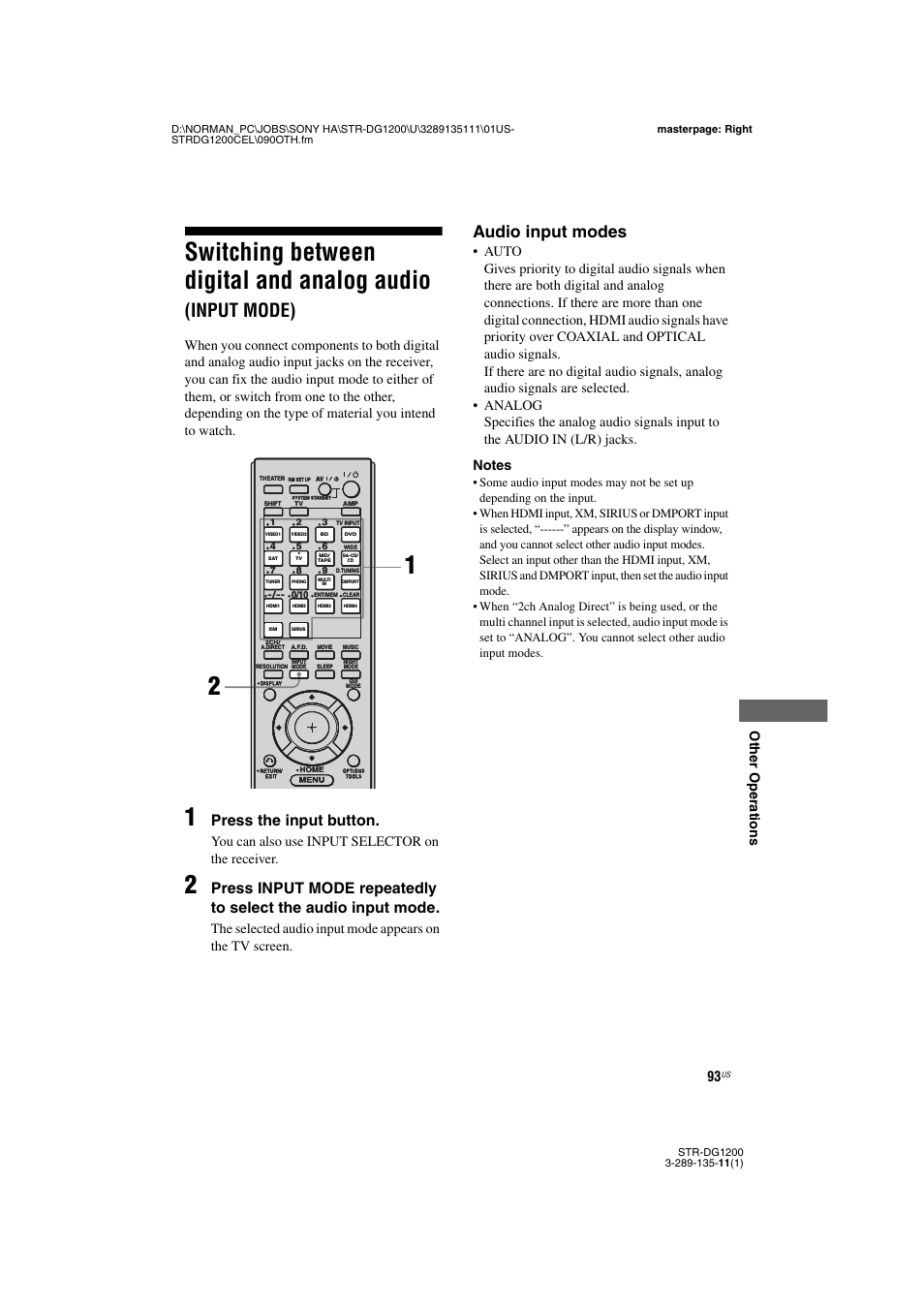 Switching between digital and analog audio, Input mode), Audio input modes | Press the input button, Oth e r op eratio ns, You can also use input selector on the receiver | Sony R-DG1200 User Manual | Page 93 / 136