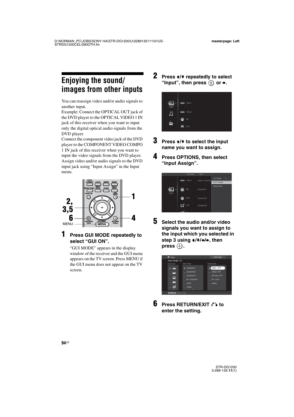 Enjoying the sound/ images from other inputs, Enjoying the sound/images from other, Inputs | Sony R-DG1200 User Manual | Page 94 / 136