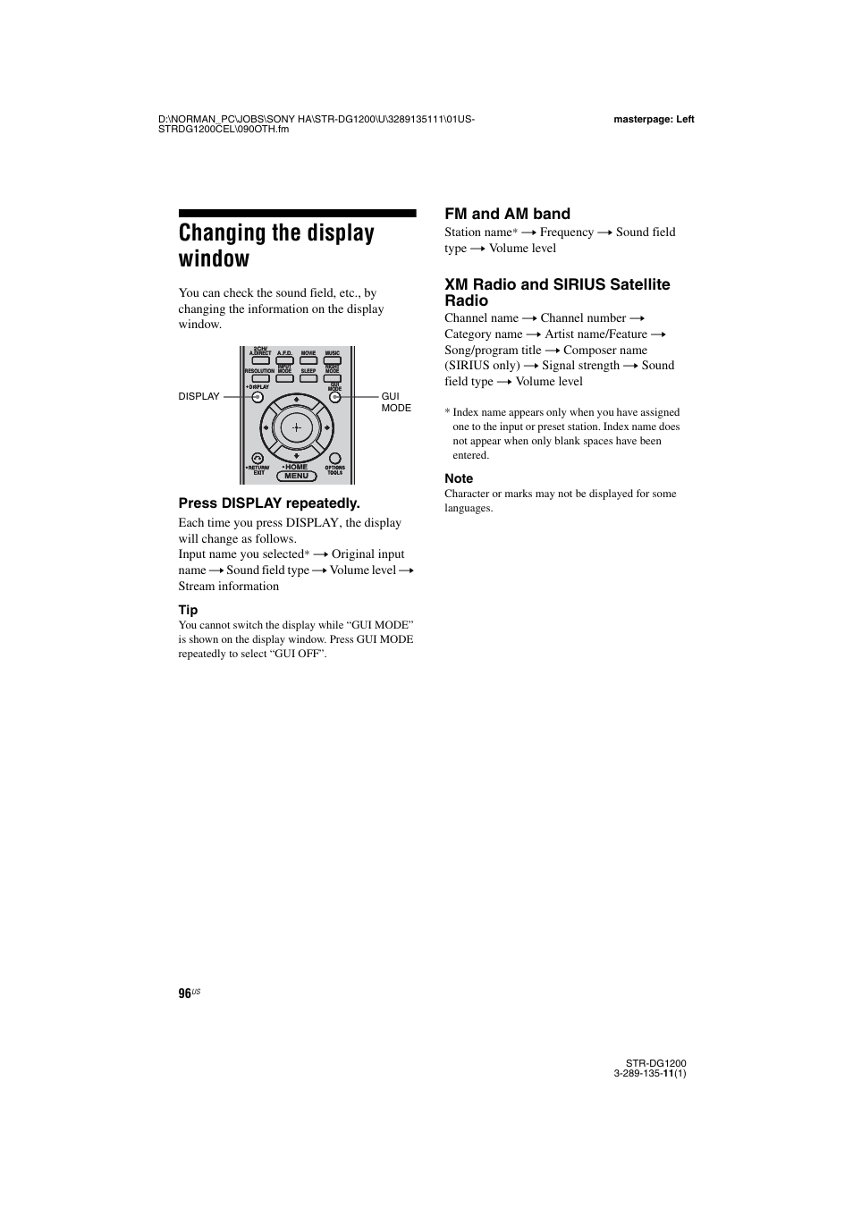 Changing the display window, Fm and am band, Xm radio and sirius satellite radio | Press display repeatedly | Sony R-DG1200 User Manual | Page 96 / 136