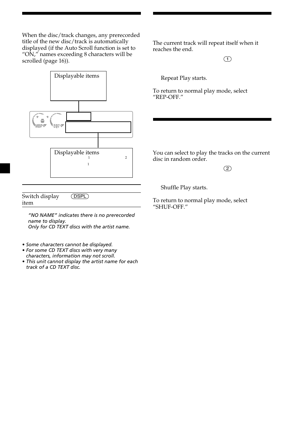 Display items, Playing tracks repeatedly — repeat play, Playing tracks in random order — shuffle play | 10 display items, Playing tracks repeatedly, Playing tracks in random order | Sony CDX-L550X  EN User Manual | Page 10 / 24