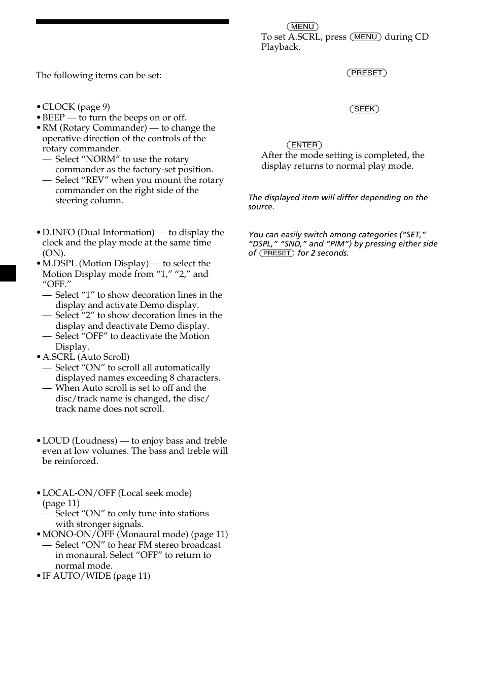 Changing the sound and display settings — menu, 16 changing the sound and display settings | Sony CDX-L550X  EN User Manual | Page 16 / 24
