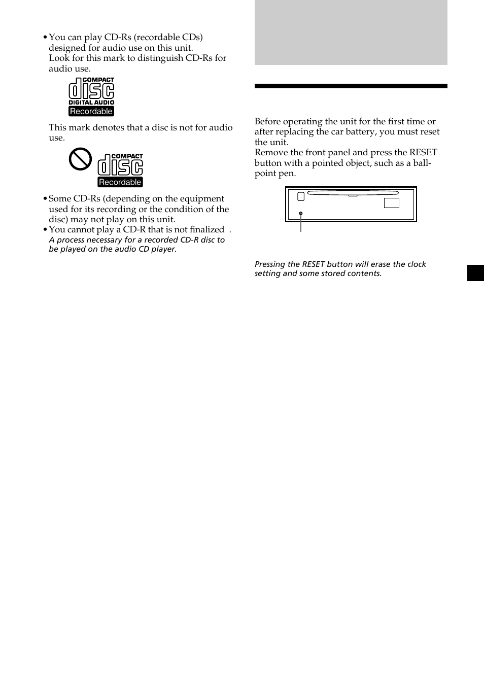 Getting started, Resetting the unit | Sony CDX-L550X  EN User Manual | Page 7 / 24