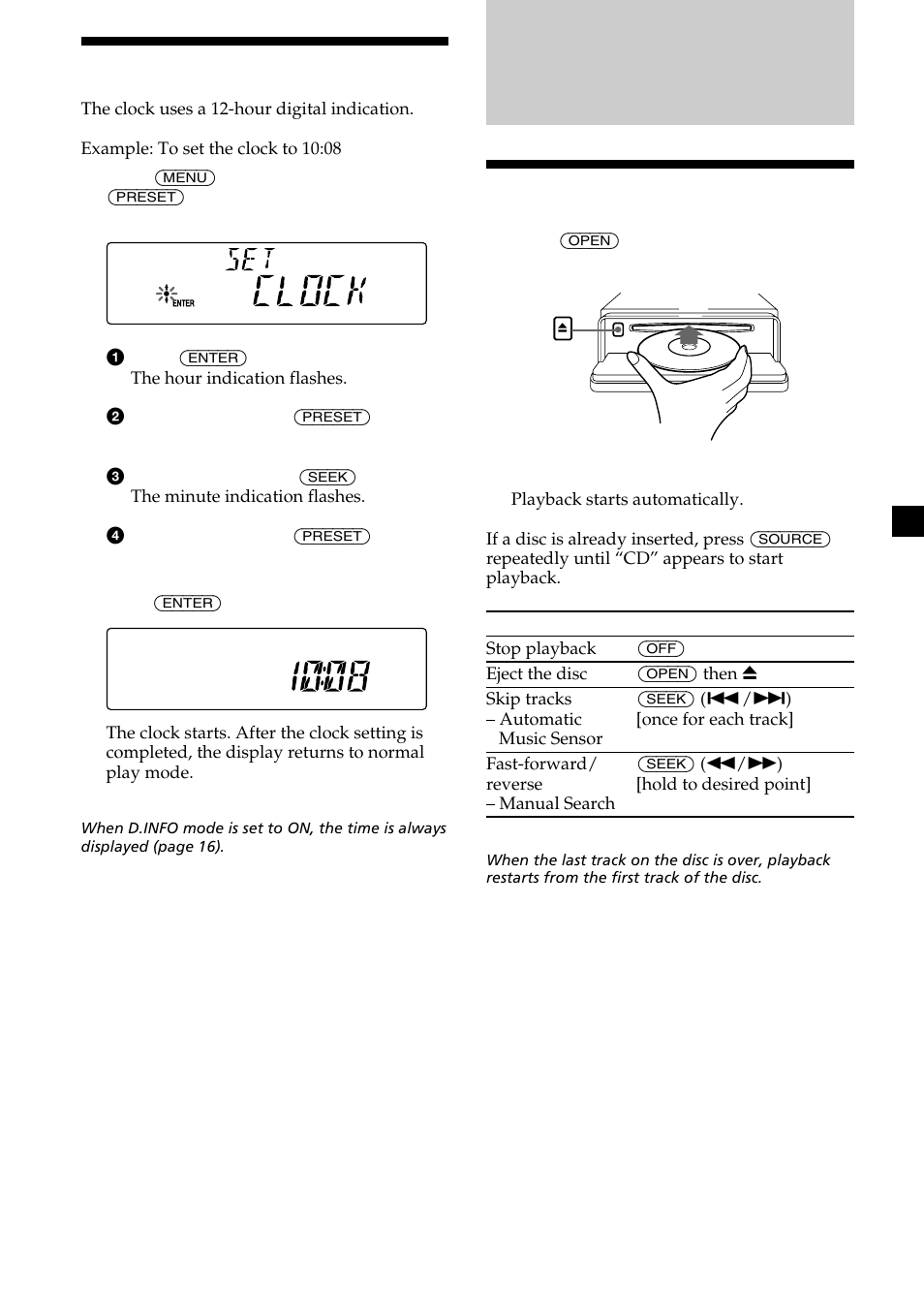 Setting the clock, Cd player, Playing a disc | 9setting the clock | Sony CDX-L550X  EN User Manual | Page 9 / 24