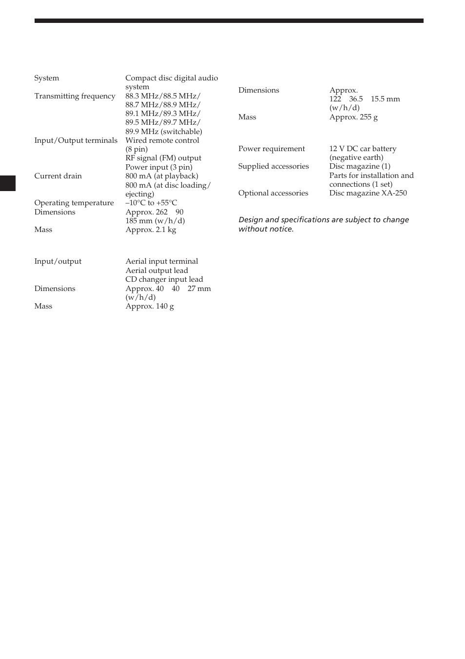 Specifications, Cd changer (cdx-454rf), Relay box | Wired remote commander (rm-x82rf), General | Sony CDX-454RF User Manual | Page 12 / 100