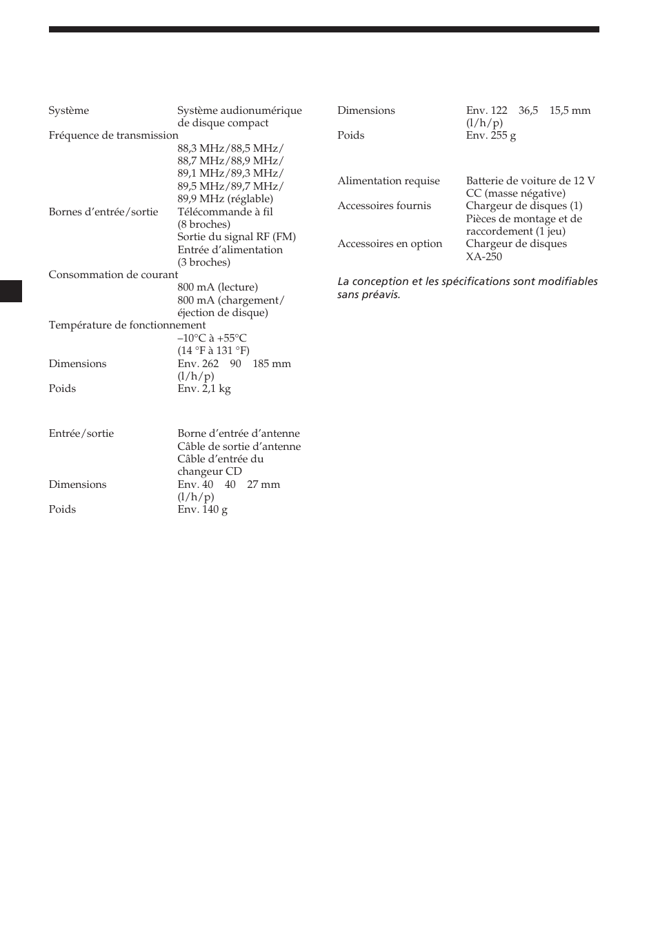 Spécifications, Changeur de cd (cdx-454rf), Boîtier de relais | Télécommande à fil (rm-x82rf), Caractéristiques générales | Sony CDX-454RF User Manual | Page 24 / 100