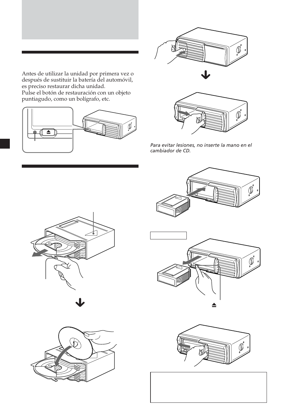 Procedimientos iniciales, Restauración de la unidad, Preparación del cambiador de discos compactos | Sony CDX-454RF User Manual | Page 28 / 100