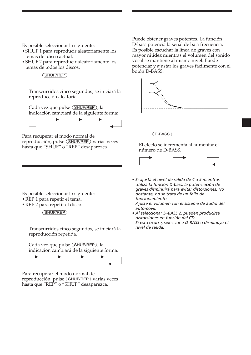 7potenciación de los graves, Reproducción de temas en orden aleatorio, Reproducción repetida de temas | Sony CDX-454RF User Manual | Page 31 / 100