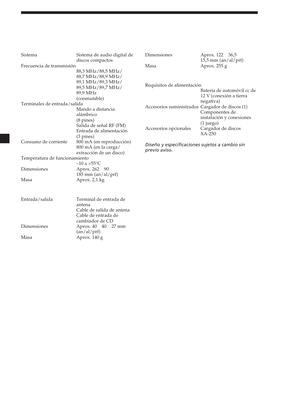 Especificaciones, Cambiador de discos compactos (cdx-454rf), Caja de relé | Mando a distancia alámbrico (rm-x82rf), Generales | Sony CDX-454RF User Manual | Page 36 / 100