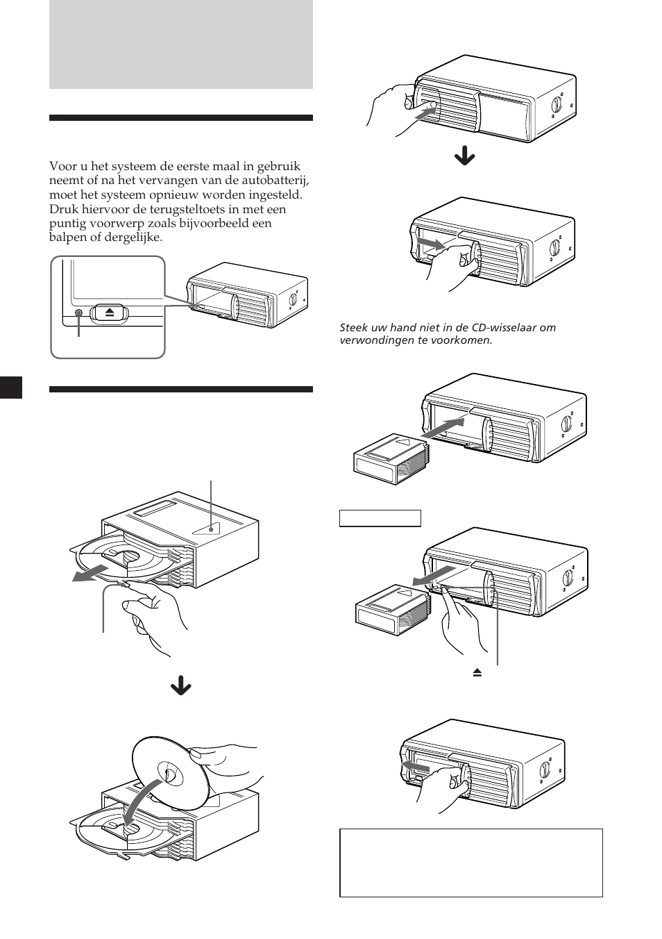 Aan de slag, Het toestel opnieuw instellen, De cd-wisselaar klaarmaken voor gebruik | Sony CDX-454RF User Manual | Page 52 / 100