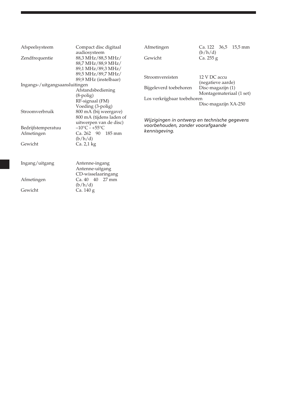 Technische gegevens, Cd-wisselaar (cdx-454rf), Relaiskast | Afstandsbediening (rm-x82rf), Algemeen | Sony CDX-454RF User Manual | Page 60 / 100