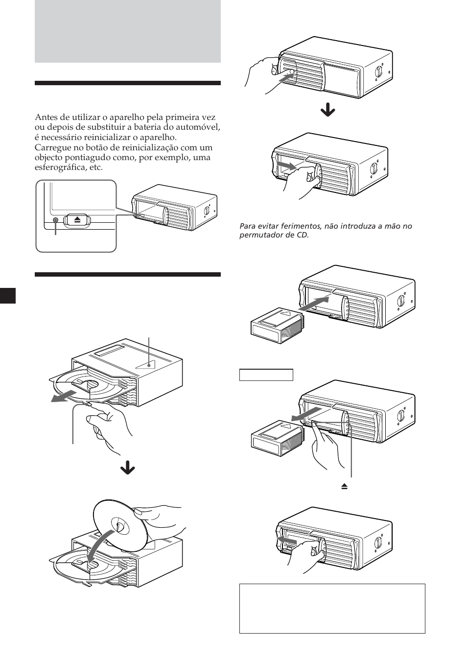 Como começar, Reinicializar o aparelho, Preparar o permutador de cd | Sony CDX-454RF User Manual | Page 64 / 100