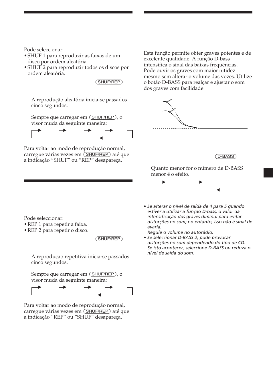 7reproduzir faixas por ordem aleatória, Repetir a reprodução das faixas, Intensificar o som dos graves | Sony CDX-454RF User Manual | Page 67 / 100