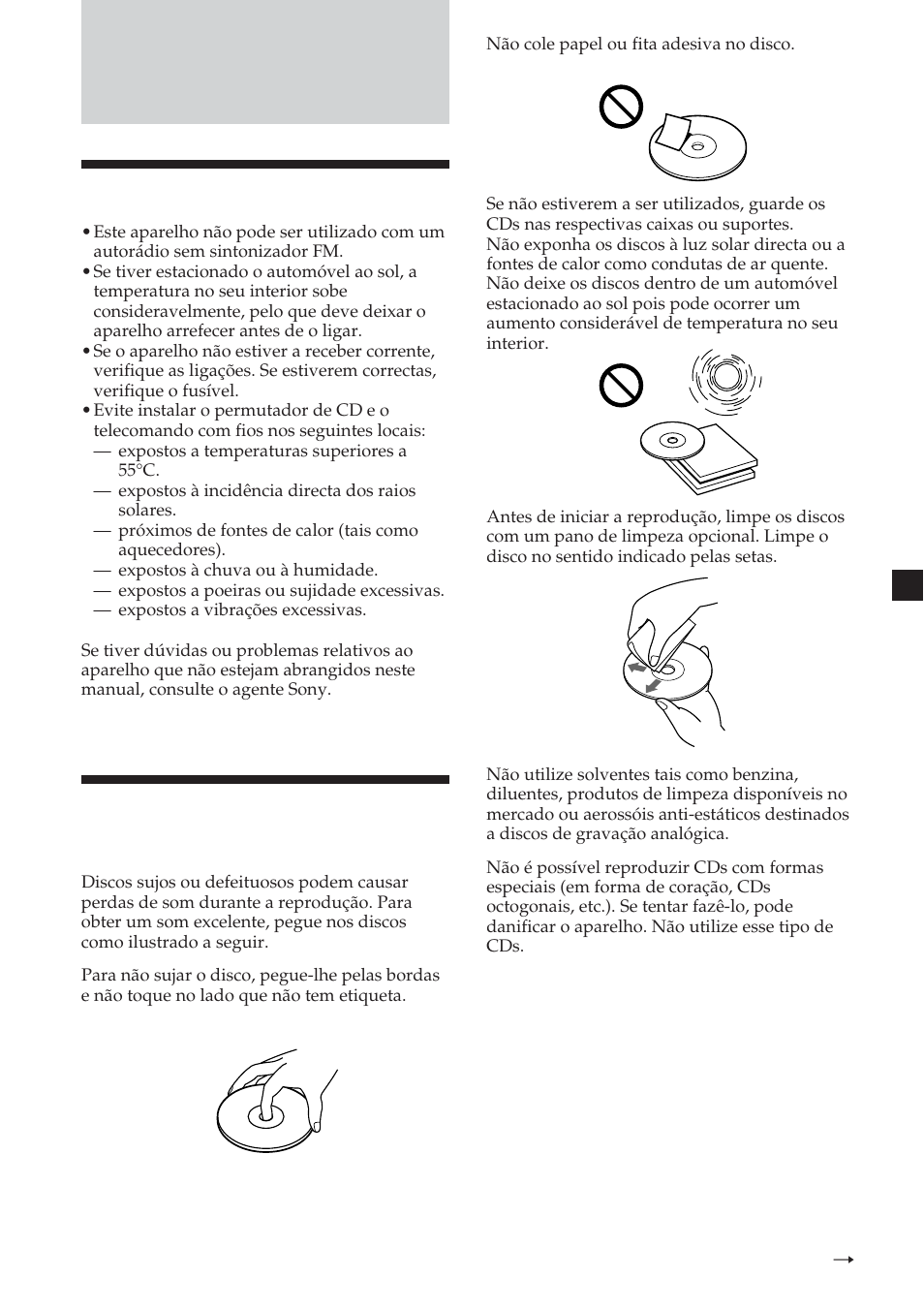 Informações adicionais, Precauções, Notas sobre o manuseamento de discos | Sony CDX-454RF User Manual | Page 69 / 100