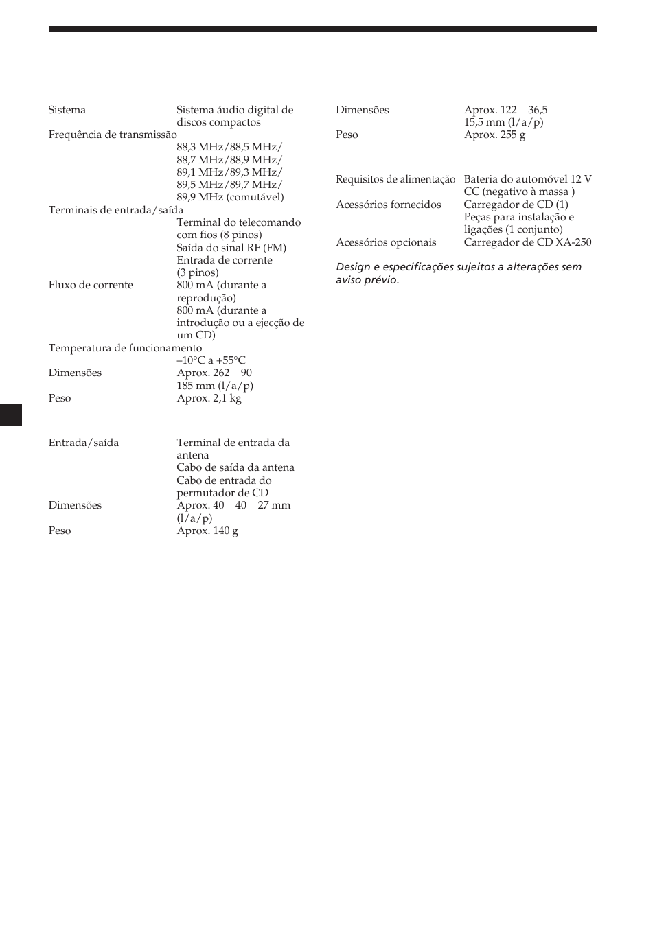 Especificações, Permutador de cd (cdx-454rf), Caixa de relé | Telecomando com fios (rm-x82rf), Generalidades | Sony CDX-454RF User Manual | Page 72 / 100