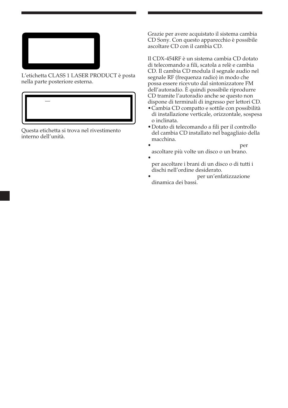 2congratulazioni, Precauzioni | Sony CDX-454RF User Manual | Page 74 / 100