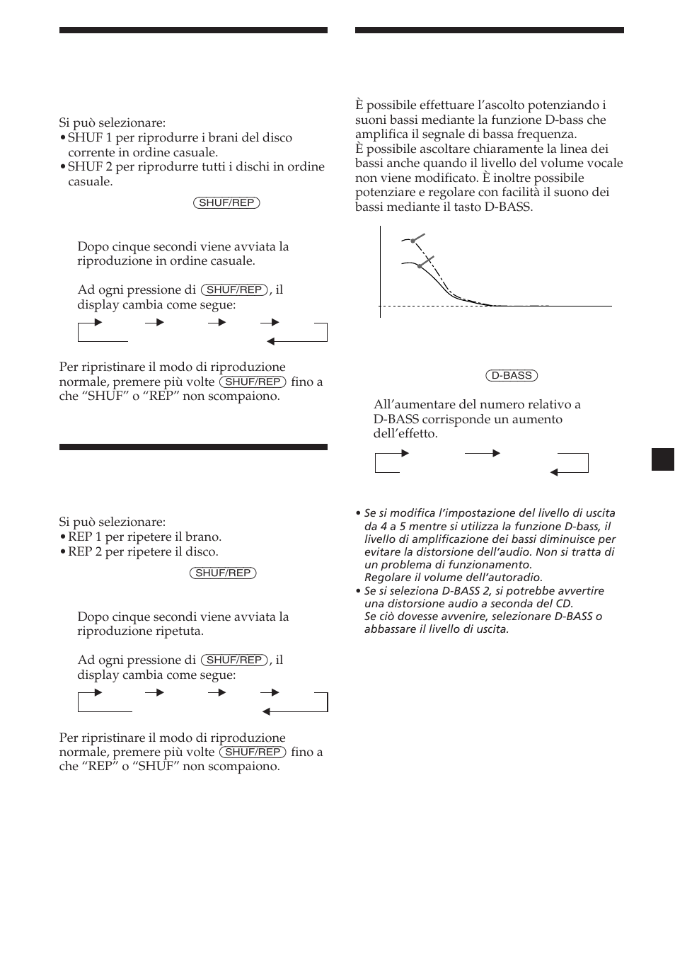 Amplificazione dei bassi, Riproduzione dei brani in ordine casuale, Riproduzione ripetuta dei brani | Sony CDX-454RF User Manual | Page 79 / 100