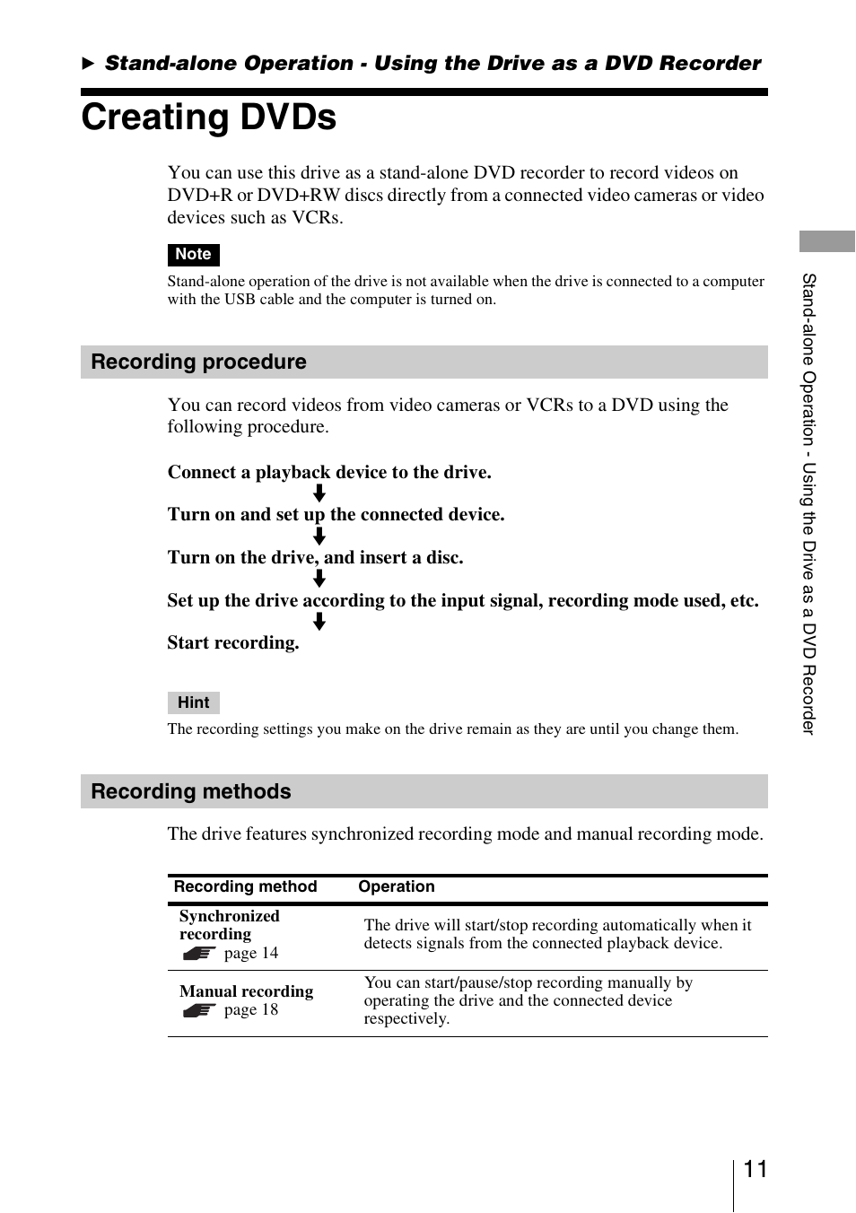 Creating dvds, Recording procedure, Recording methods | Er (p. 11) | Sony VRD-VC10 User Manual | Page 11 / 52