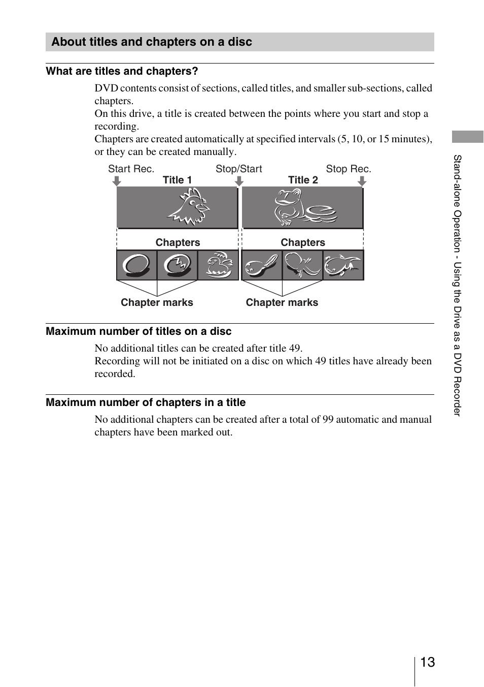 About titles and chapters on a disc | Sony VRD-VC10 User Manual | Page 13 / 52
