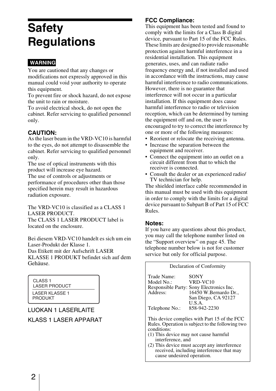 Safety regulations | Sony VRD-VC10 User Manual | Page 2 / 52