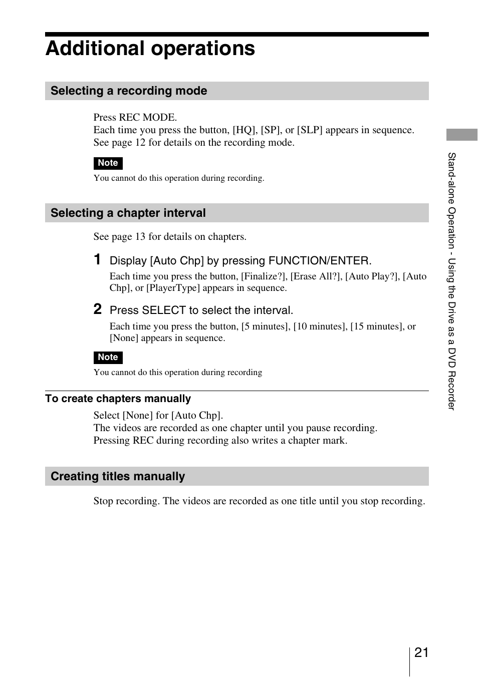 Additional operations, Selecting a recording mode, Selecting a chapter interval | Creating titles manually, P. 21) | Sony VRD-VC10 User Manual | Page 21 / 52
