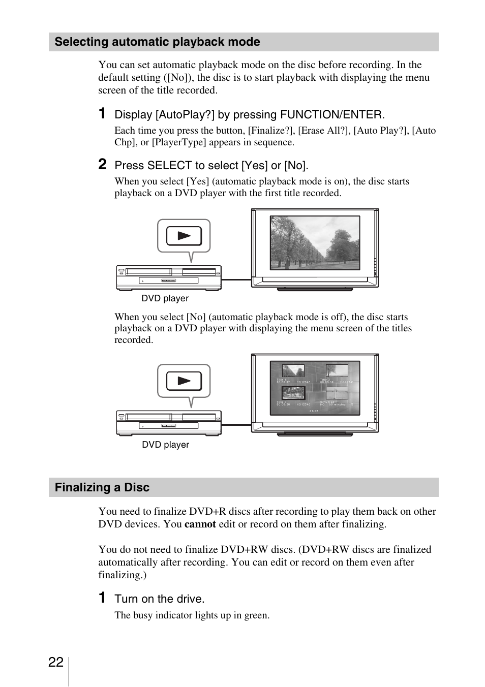Selecting automatic playback mode, Finalizing a disc | Sony VRD-VC10 User Manual | Page 22 / 52