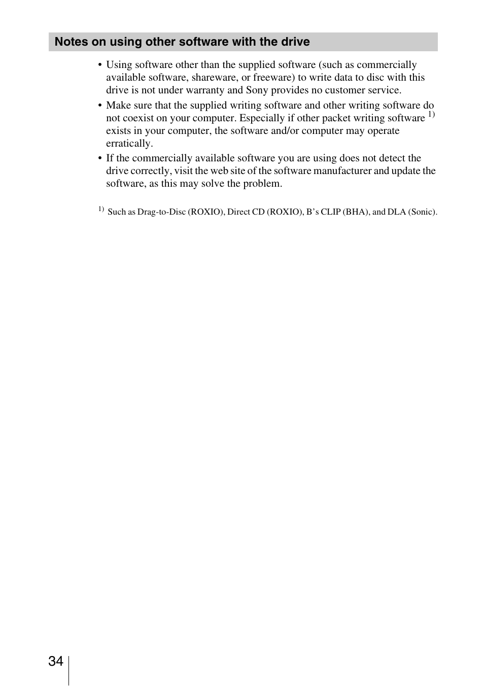 Notes on using other software with the drive | Sony VRD-VC10 User Manual | Page 34 / 52