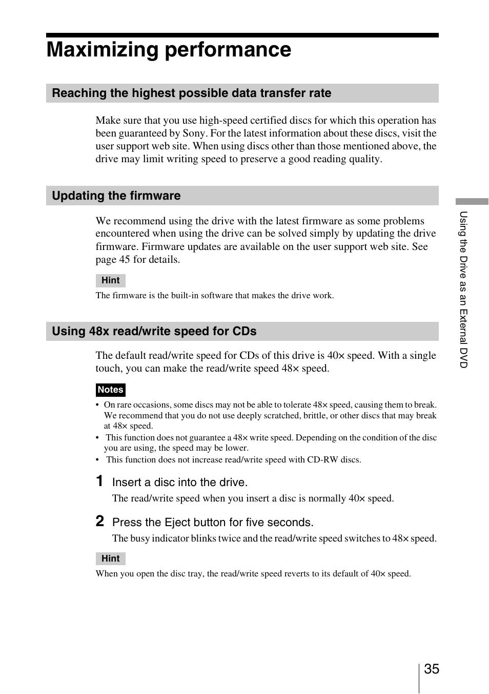 Maximizing performance, Reaching the highest possible data transfer rate, Updating the firmware | Using 48x read/write speed for cds | Sony VRD-VC10 User Manual | Page 35 / 52
