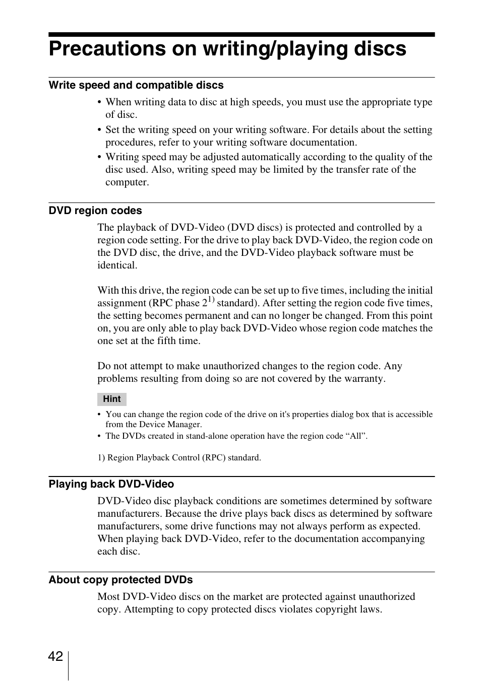 Precautions on writing/playing discs | Sony VRD-VC10 User Manual | Page 42 / 52