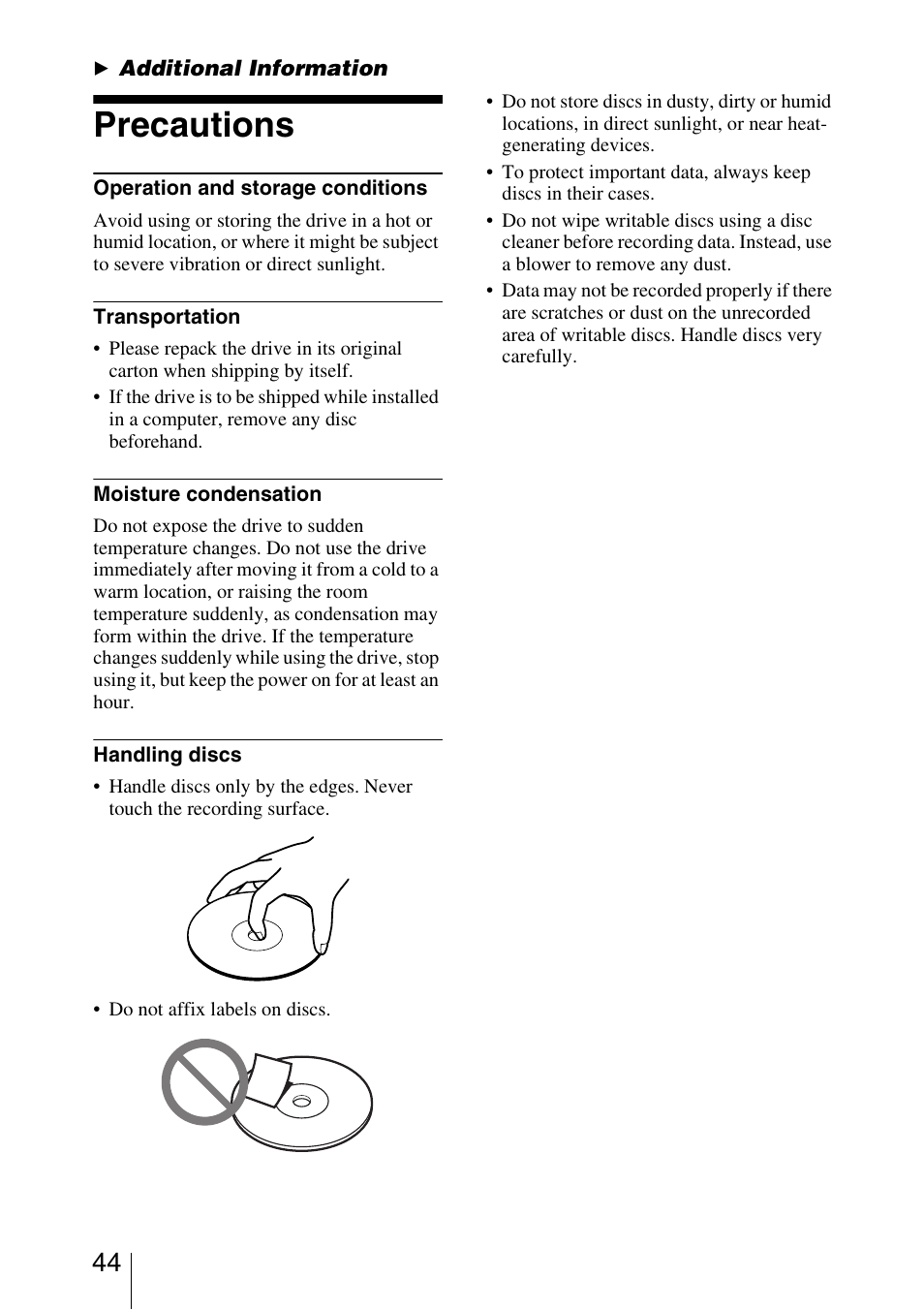 B additional information, Precautions, Additional information | Sony VRD-VC10 User Manual | Page 44 / 52