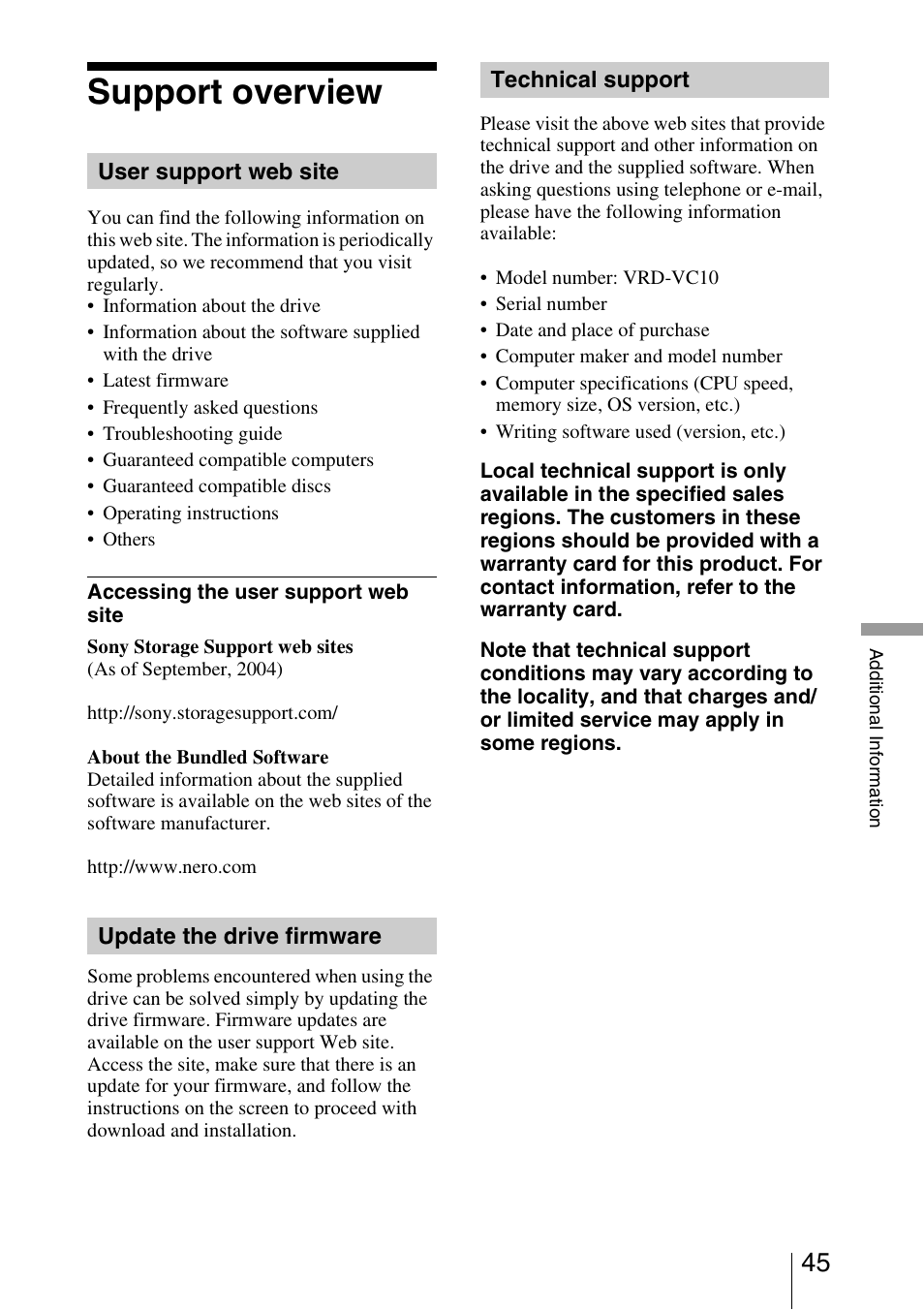 Support overview, User support web site, Update the drive firmware | Technical support | Sony VRD-VC10 User Manual | Page 45 / 52