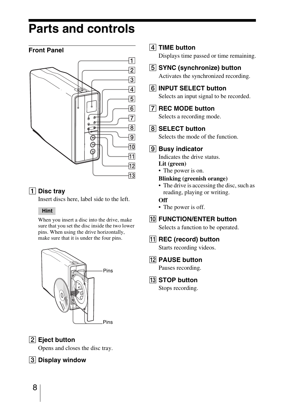 Parts and controls | Sony VRD-VC10 User Manual | Page 8 / 52