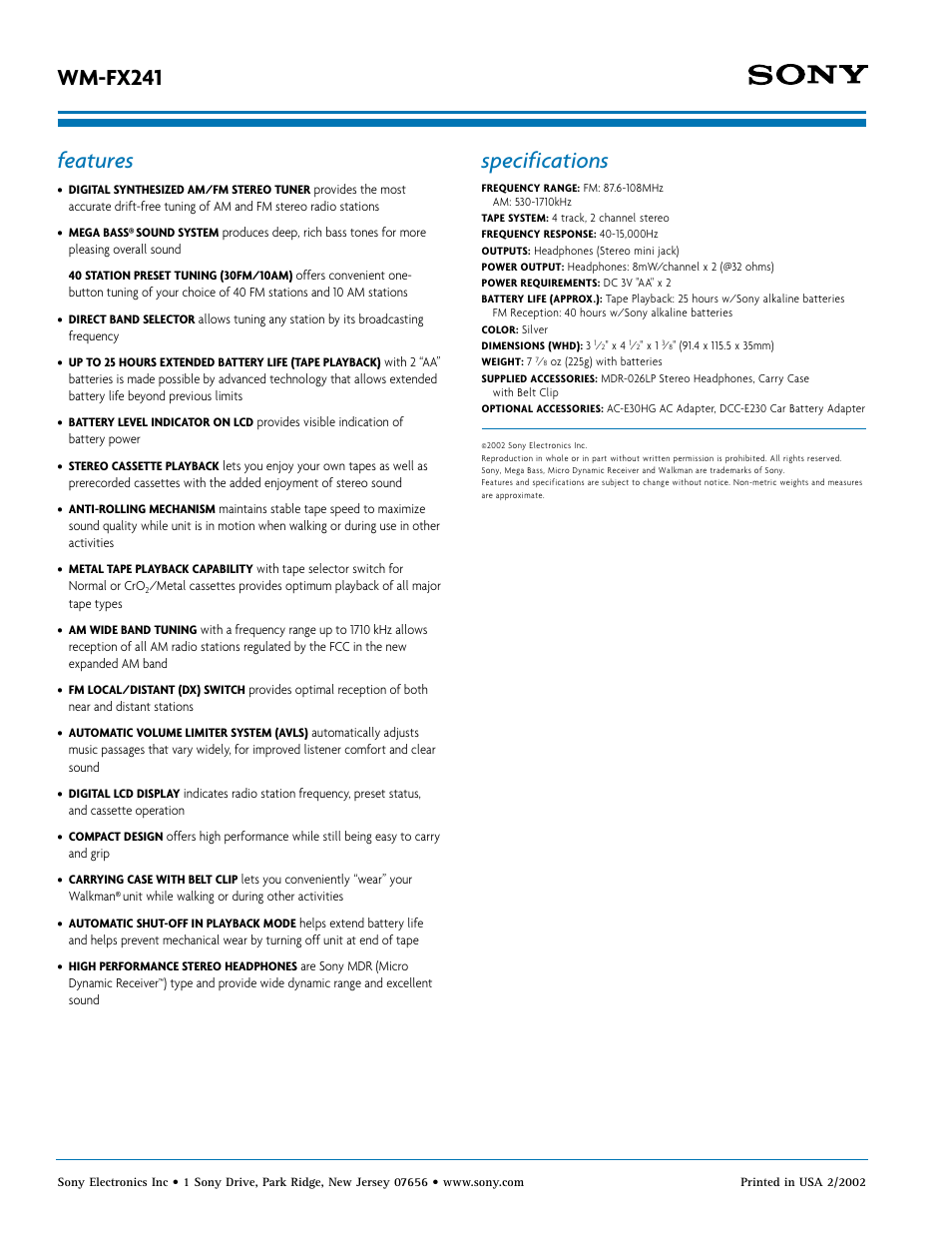 Wm-fx241, Features, Specifications | Sony WM-FX241 User Manual | Page 2 / 2