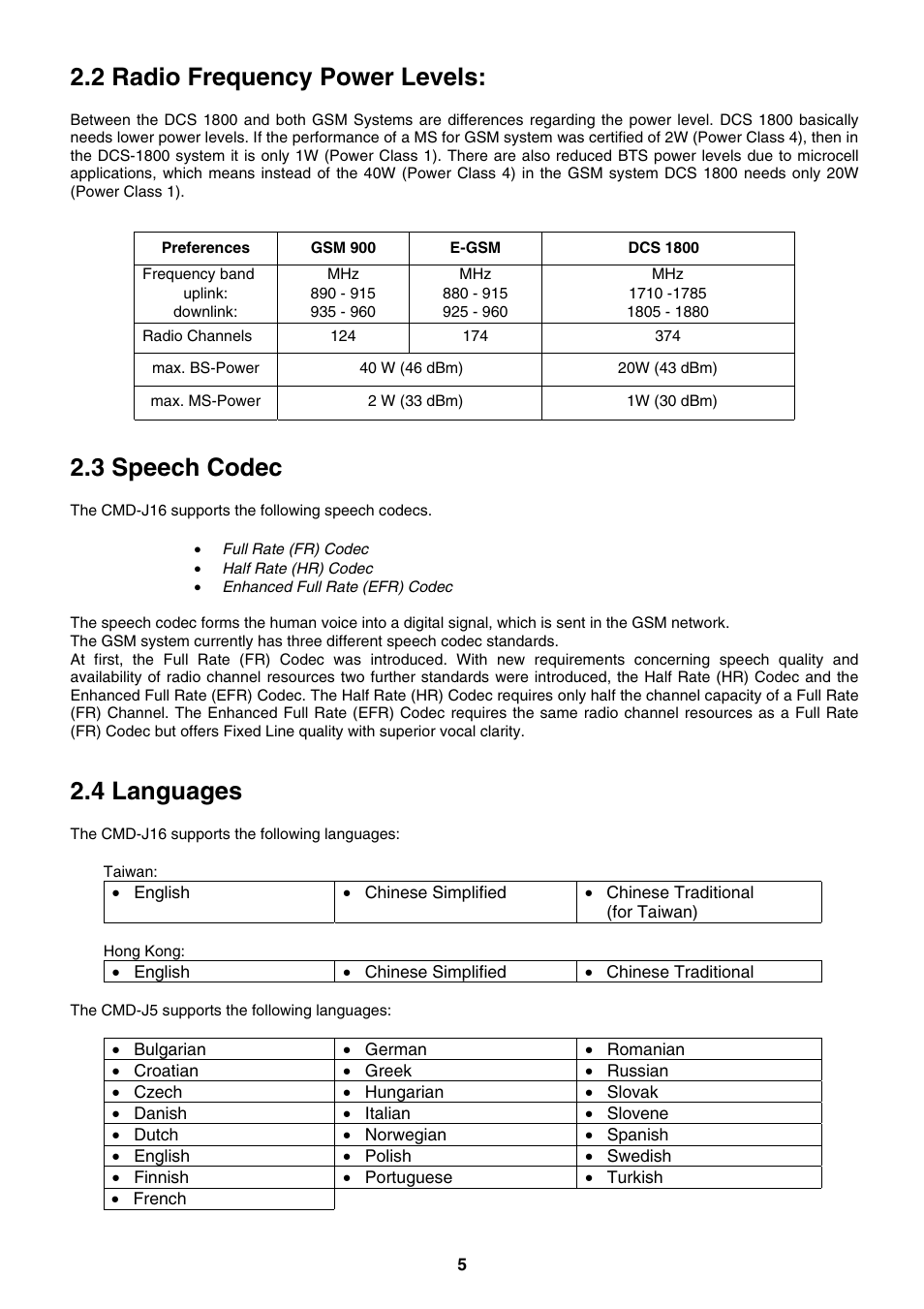 2 radio frequency power levels, 3 speech codec, 4 languages | Sony CMD-J5 User Manual | Page 5 / 20