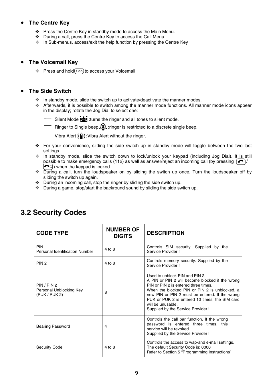 2 security codes, The centre key, The voicemail key | The side switch, Code type number of digits description | Sony CMD-J5 User Manual | Page 9 / 20