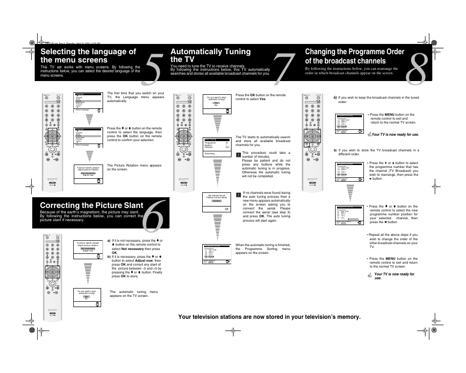 Automatically tuning the tv, Selecting the language of the menu screens, Correcting the picture slant | Sony FD Trinitron KV-32CS70U User Manual | Page 2 / 2