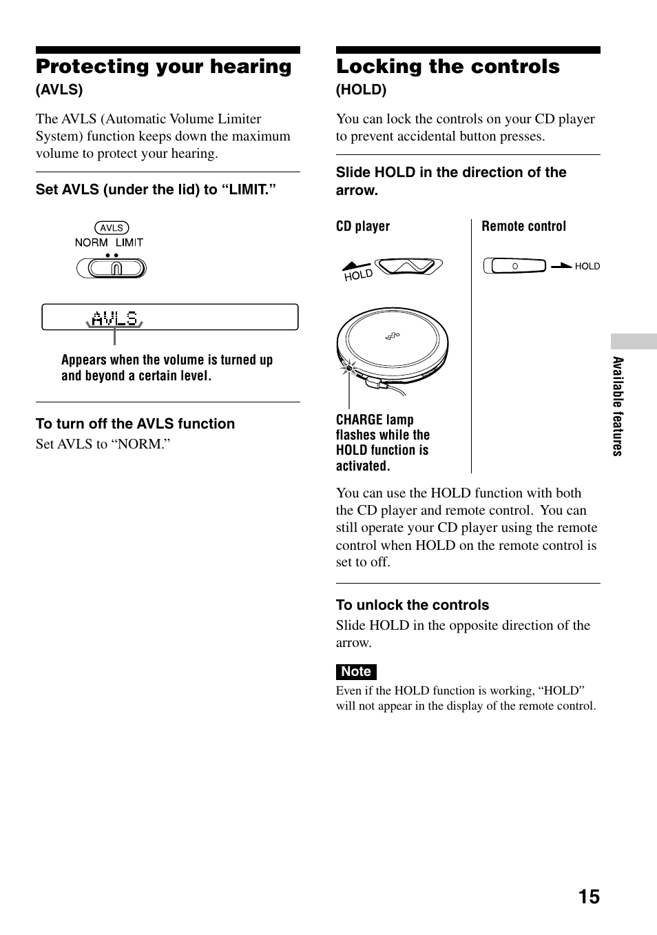 Protecting your hearing (avls), Locking the controls (hold), 15 locking the controls | Protecting your hearing | Sony D-EJ855 User Manual | Page 15 / 28