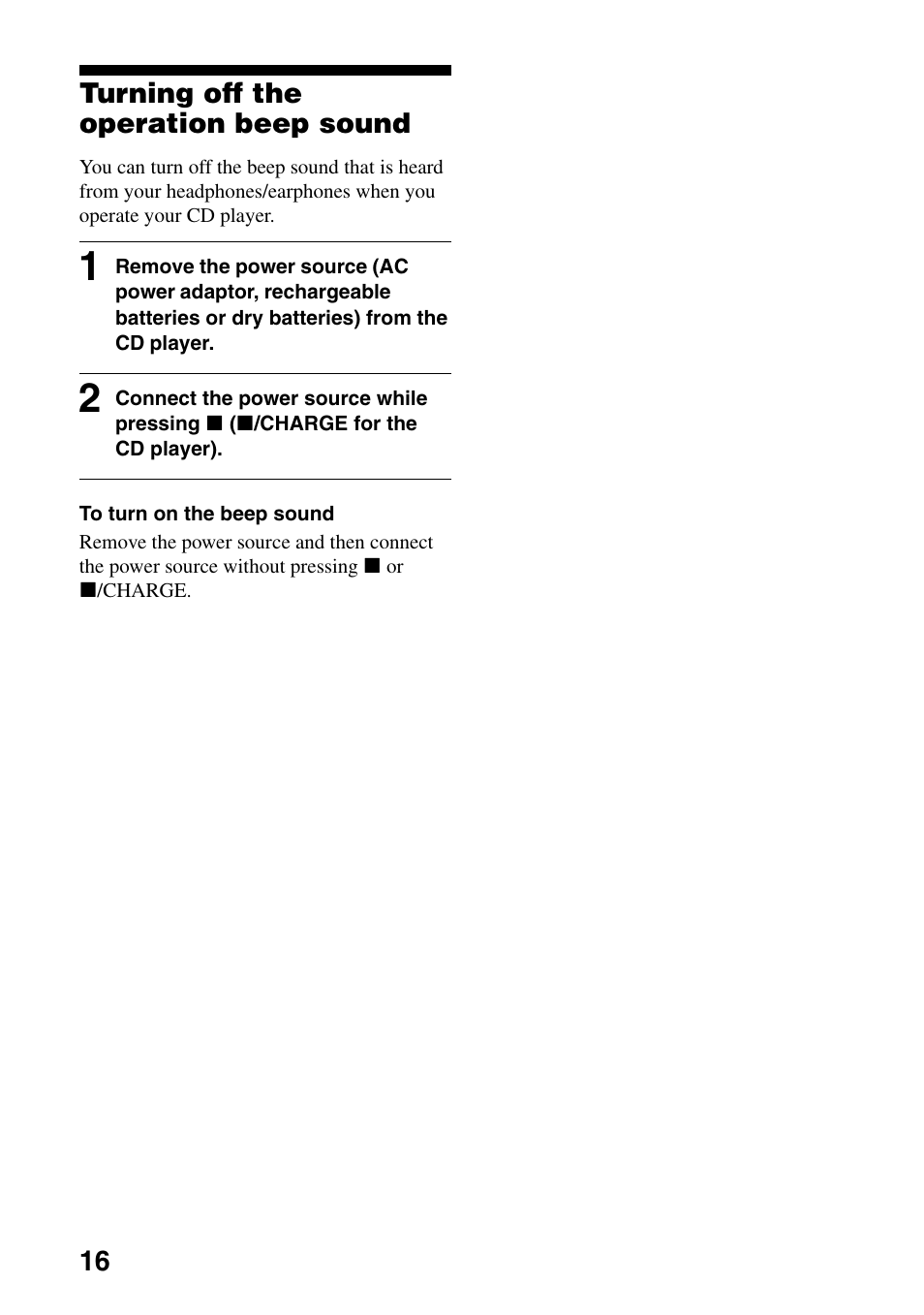 Turning off the operation beep sound | Sony D-EJ855 User Manual | Page 16 / 28