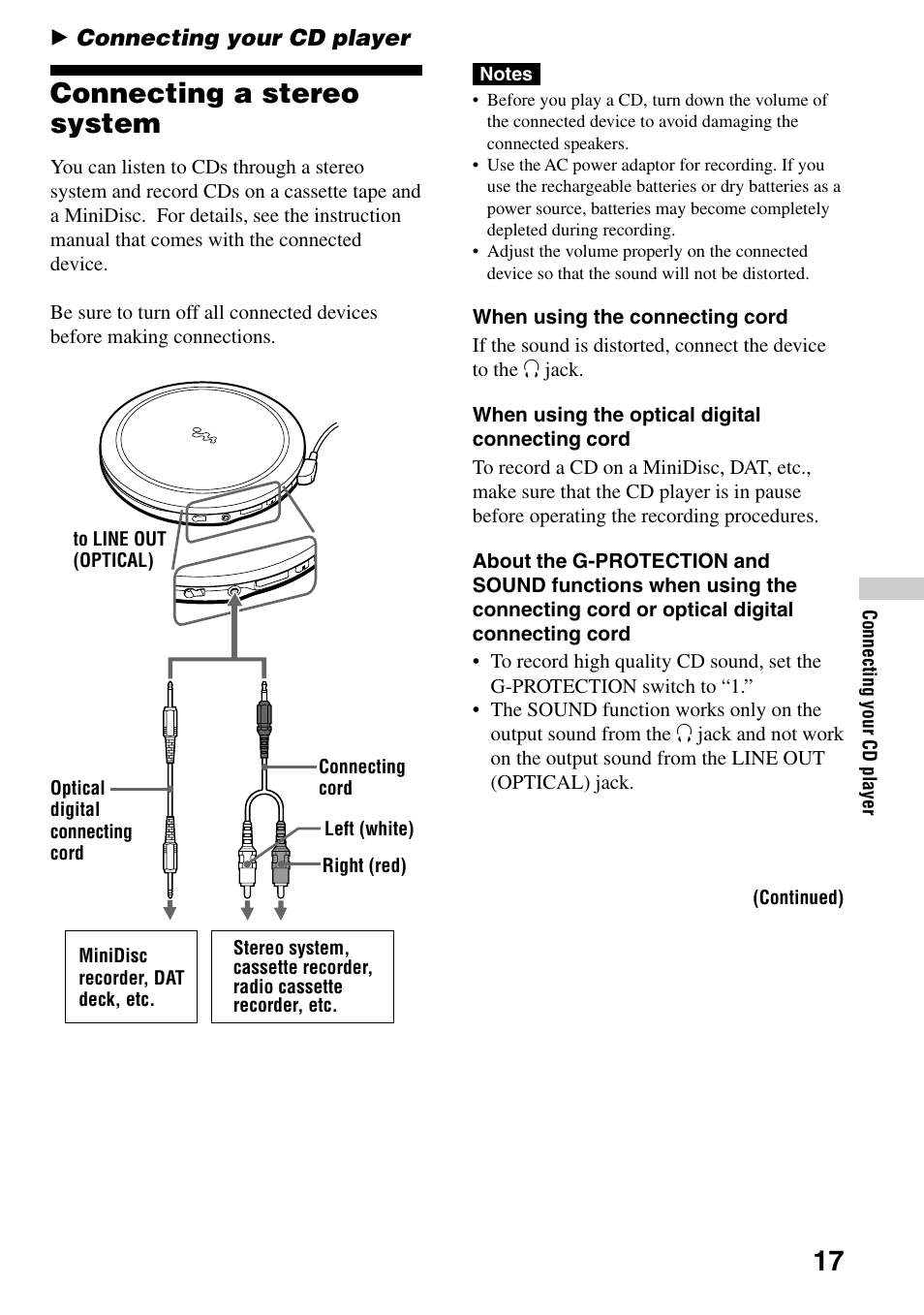 Connecting your cd player, Connecting a stereo system, 17 connecting a stereo system | Sony D-EJ855 User Manual | Page 17 / 28