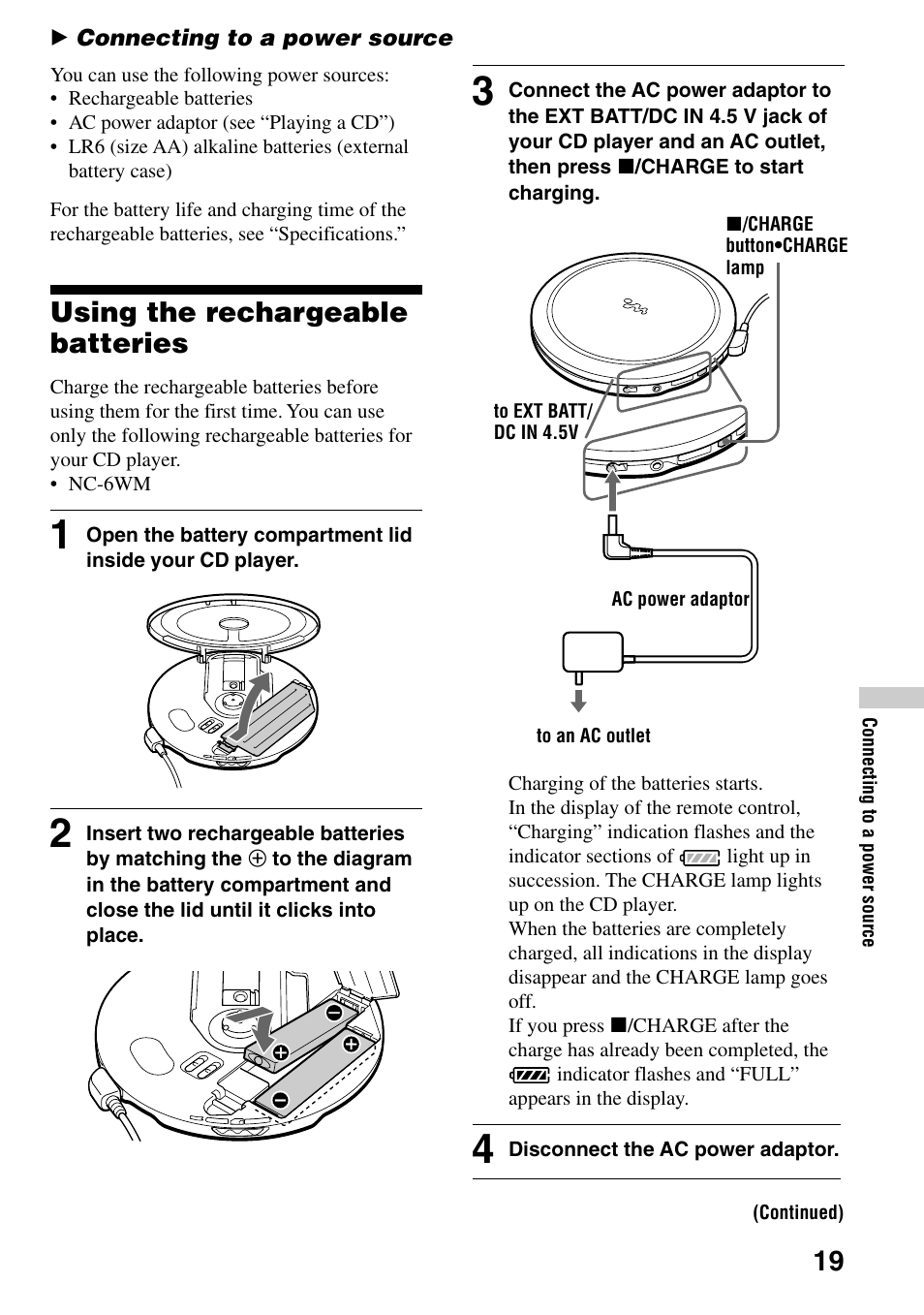 Connecting to a power source, Using the rechargeable batteries | Sony D-EJ855 User Manual | Page 19 / 28