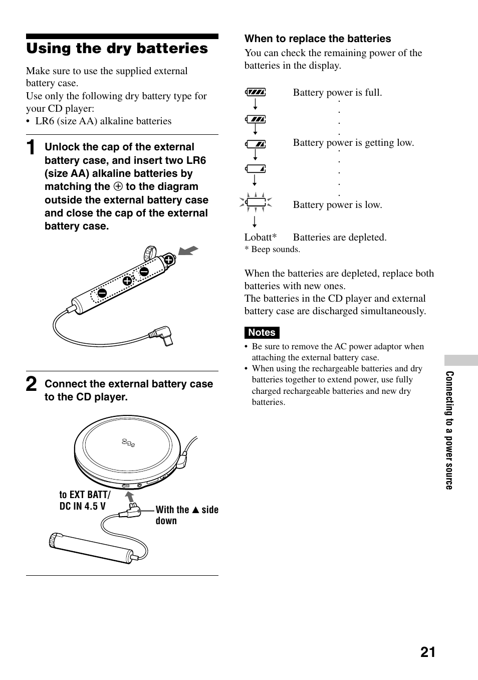 Using the dry batteries | Sony D-EJ855 User Manual | Page 21 / 28