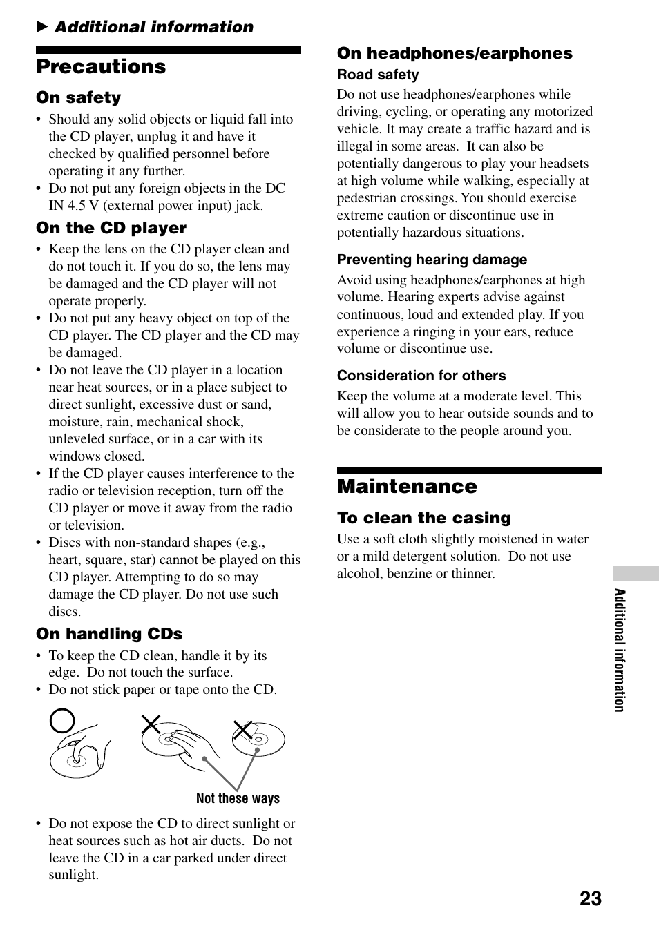 Additional information, Precautions, Maintenance | 23 precautions | Sony D-EJ855 User Manual | Page 23 / 28