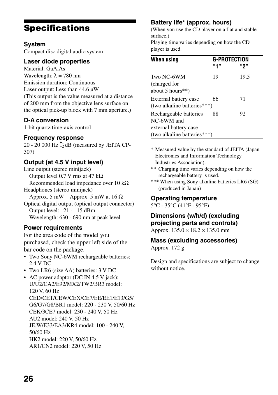 Specifications, 26 specifications | Sony D-EJ855 User Manual | Page 26 / 28