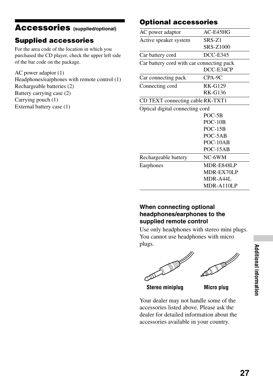 Accessories (supplied/optional), 27 accessories | Sony D-EJ855 User Manual | Page 27 / 28