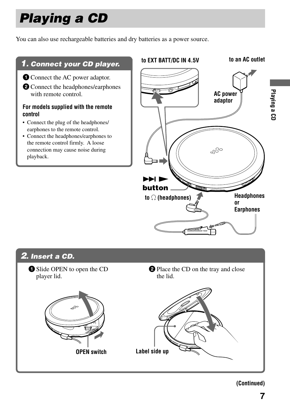 Playing a cd, Connect your cd player, Insert a cd | 1 . connect your cd player, 2 . insert a cd | Sony D-EJ855 User Manual | Page 7 / 28