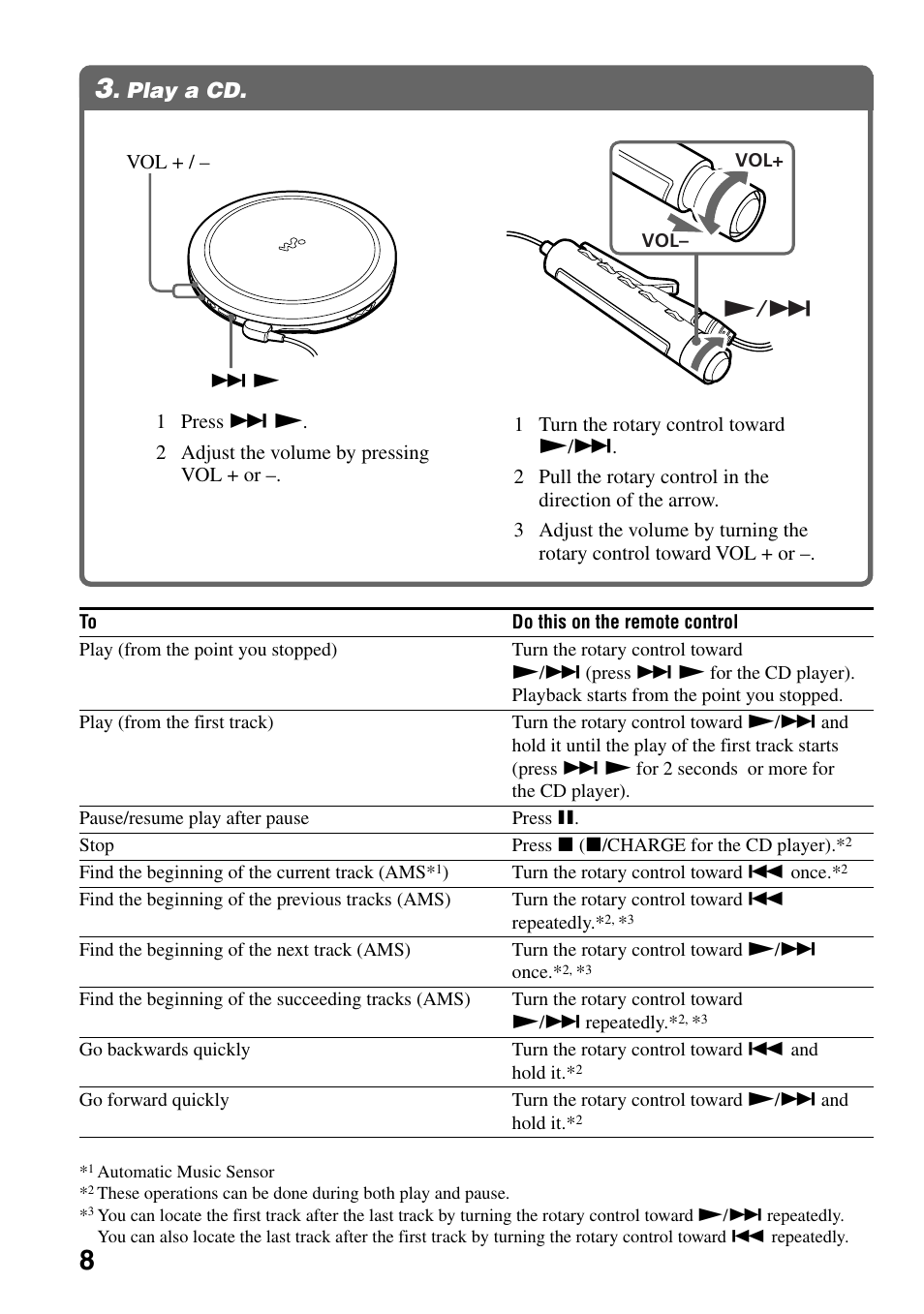 Play a cd, 3 . play a cd | Sony D-EJ855 User Manual | Page 8 / 28